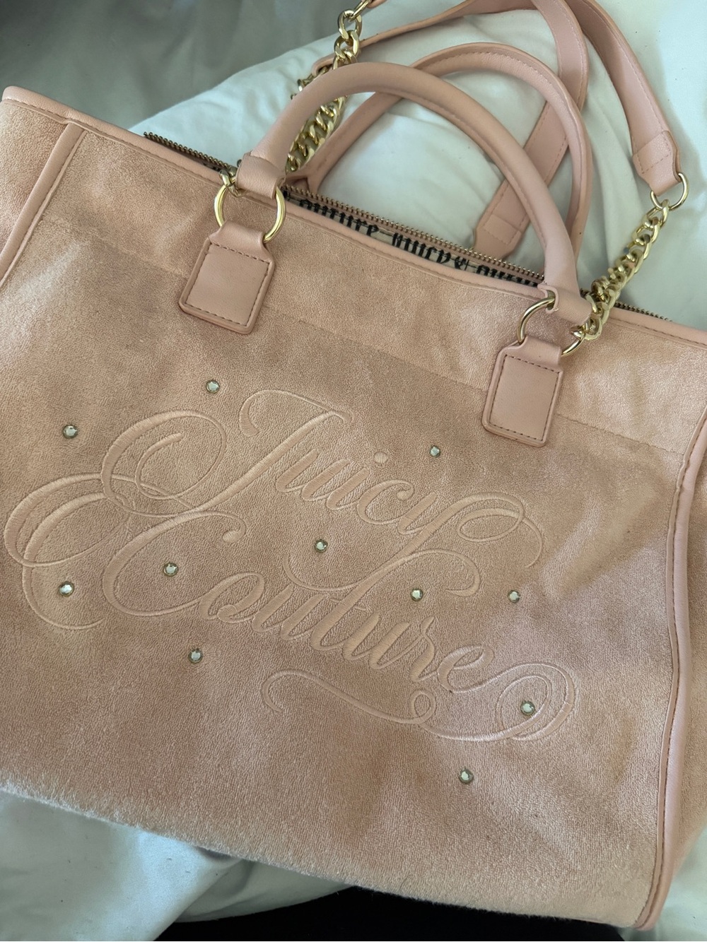 Juicy Couture Pink Suede Tote with Gold Chain Handles